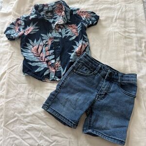 Volcom light blue and navy floral + jean short set